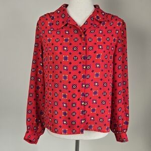VINTAGE Josephine Blouse Top Button-down Red 80s Geometric Heritage Womens 8